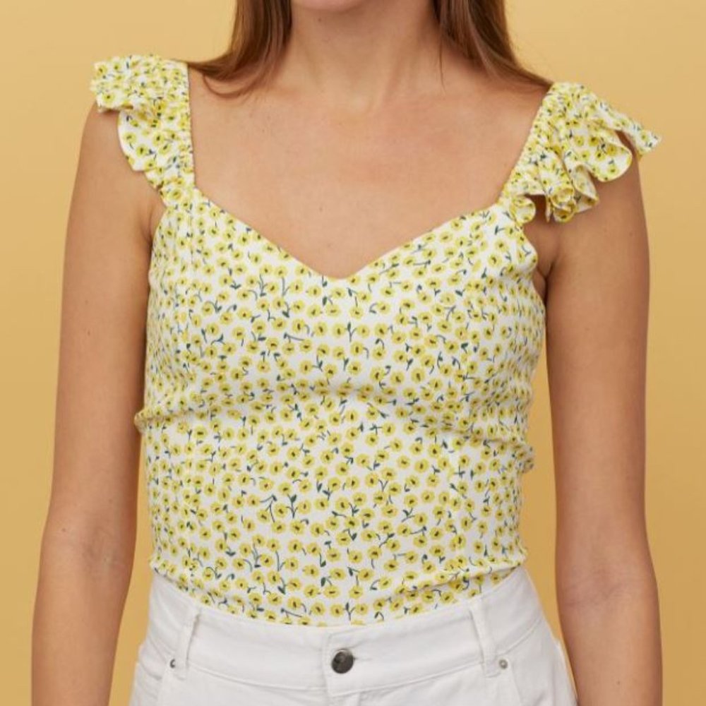 H&M Yellow Floral Ruffle-trimmed Top - Picture 1 of 13